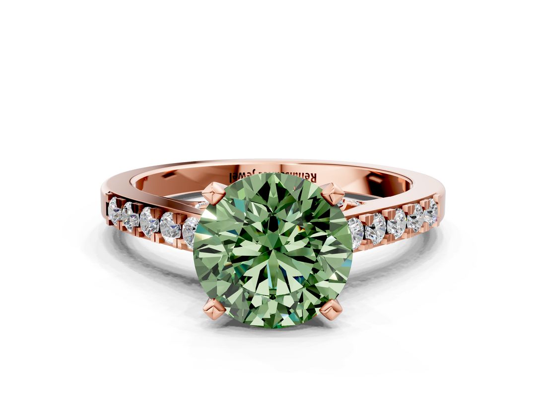Rose gold Fancy Green Round  Solitaire Diamond Ring with Pavé Band and Four-Prong Setting_100