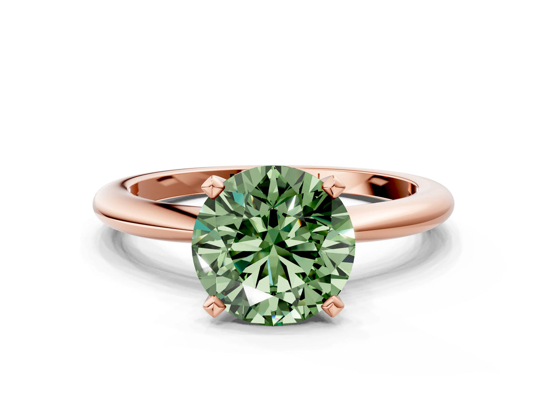 Rose gold Fancy Green Round  Solitaire Diamond Ring with Six-Prong Setting on a Classic Band