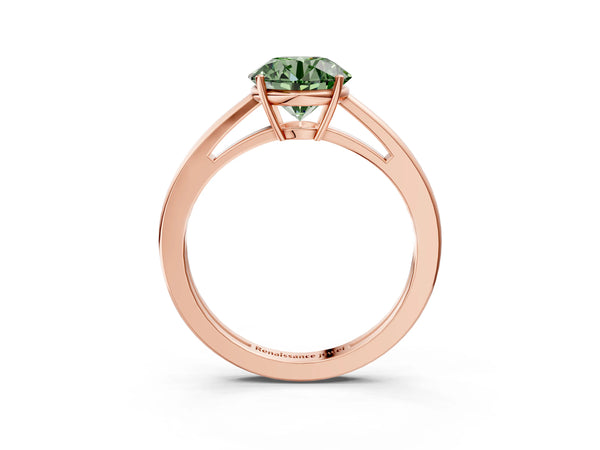 Rose gold Fancy Green Round  Solitaire Diamond Ring with Split Shank and Four-Prong Setting