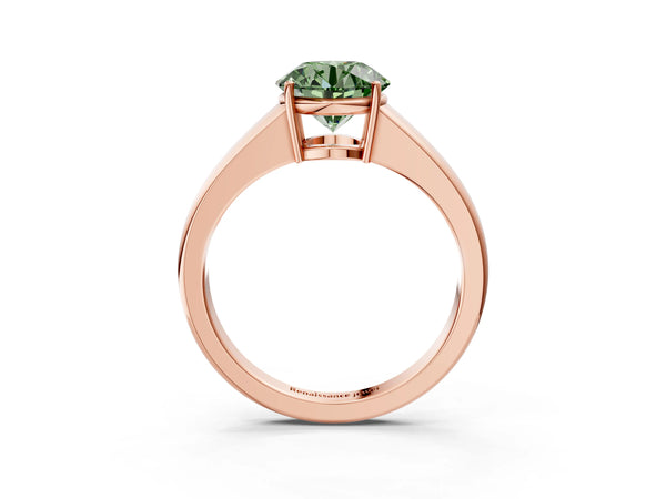 Rose gold Fancy Green Round  Solitaire Diamond Ring with Tapered Band and Four-Prong Setting