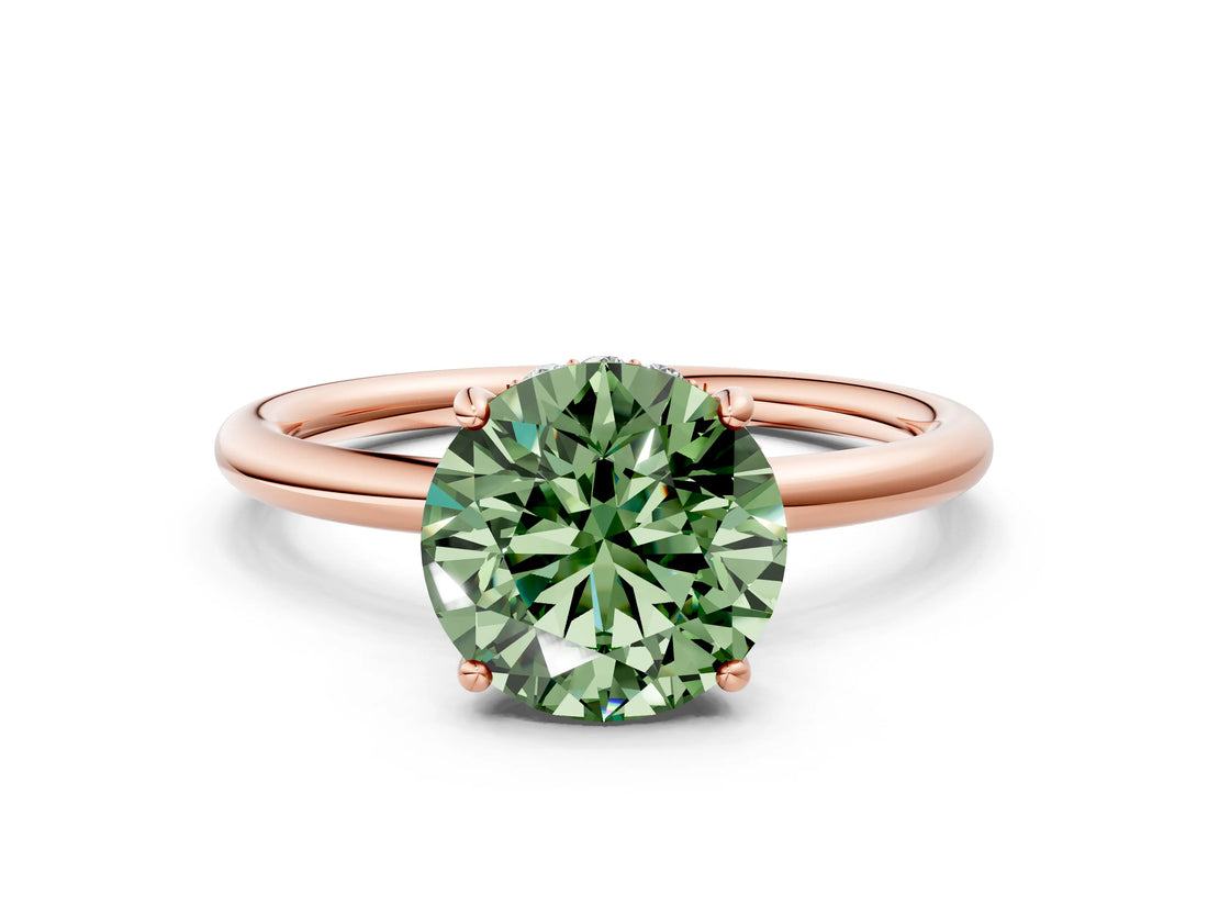 Rose gold Fancy Green Round  Solitaire Diamond Ring with a Classic Band and Four-Prong Setting