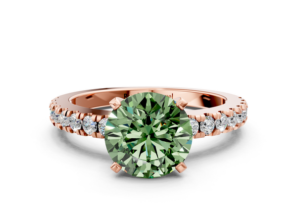 Rose gold Fancy Green Round  Solitaire Diamond with Pavé Band and Four-Prong Setting