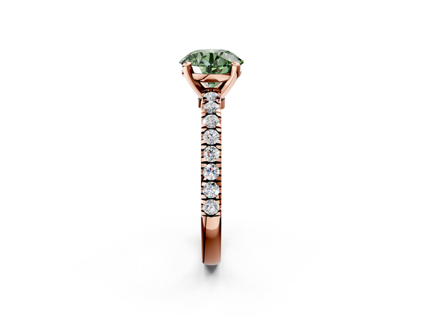 Rose gold Fancy Green Round  Solitaire Diamond with Pavé Band and Four-Prong Setting