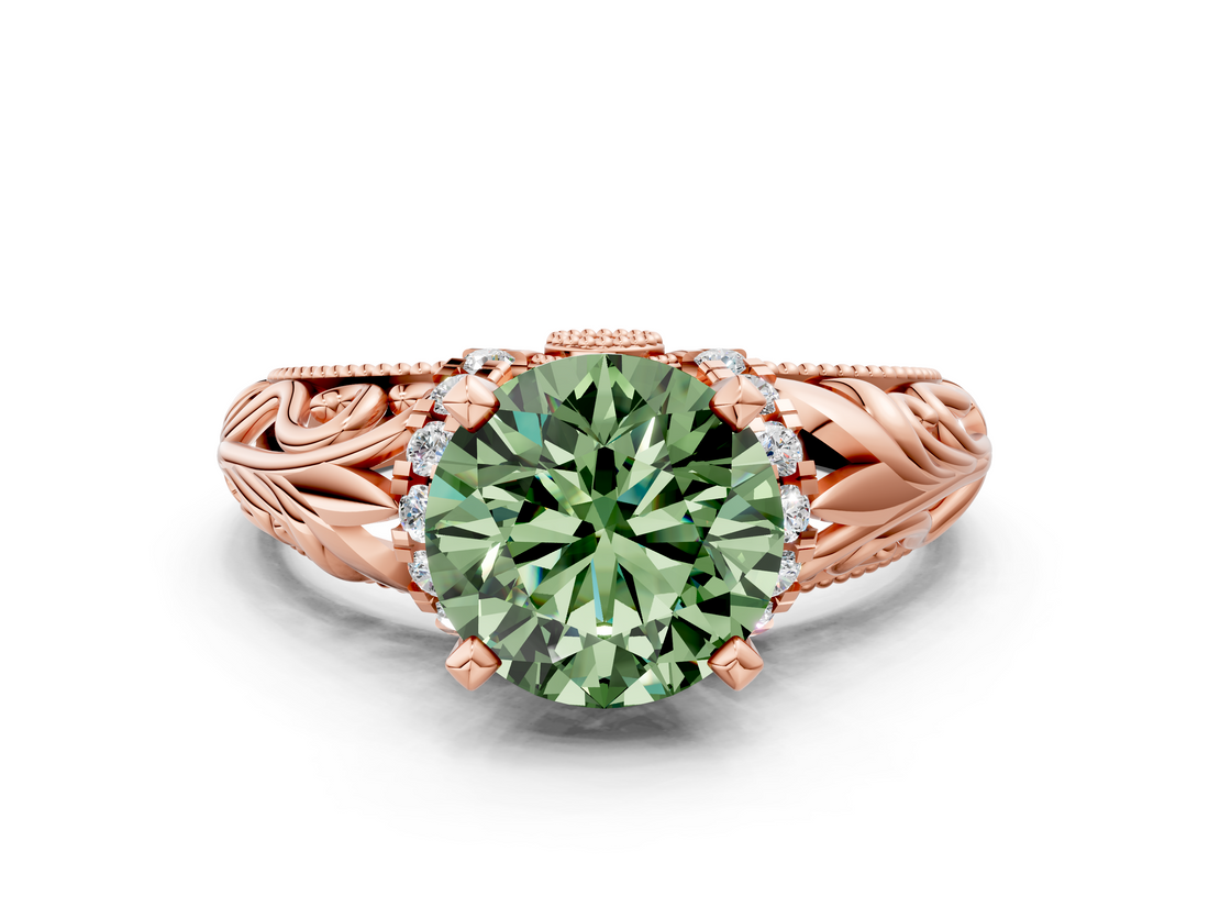 Rose gold Fancy Green Round  Solitaire Filigree Engagement Ring with Halo and Prong Setting_63
