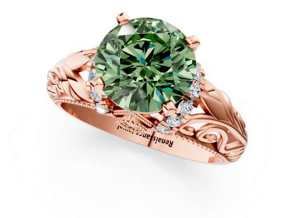 Rose gold Fancy Green Round  Solitaire Filigree Engagement Ring with Halo and Prong Setting