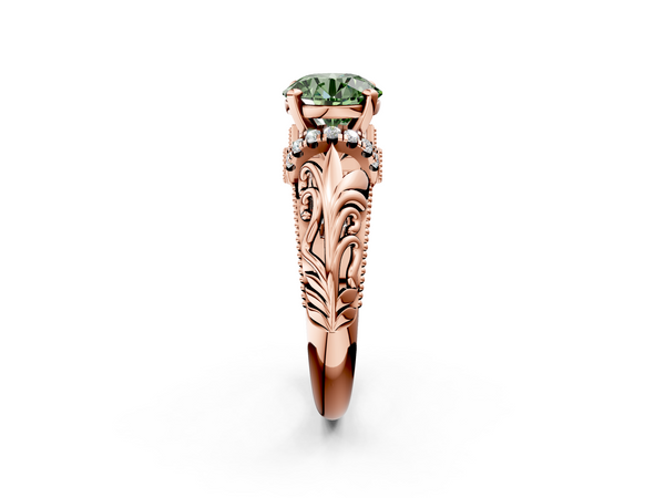 Rose gold Fancy Green Round  Solitaire Filigree Engagement Ring with Halo and Prong Setting
