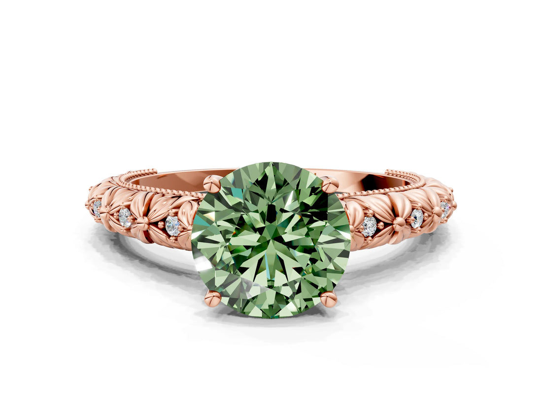 Rose gold Fancy Green Round  Solitaire Floral Milgrain Engagement Ring_31