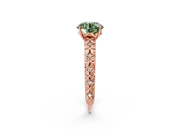 Rose gold Fancy Green Round  Solitaire Floral Milgrain Engagement Ring