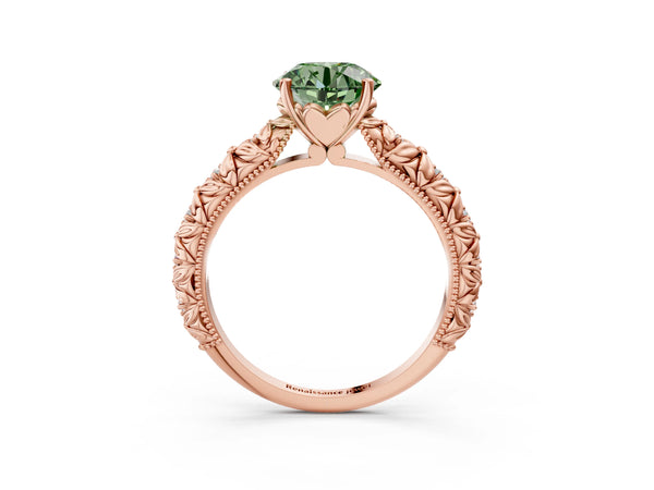 Rose gold Fancy Green Round  Solitaire Floral Milgrain Engagement Ring