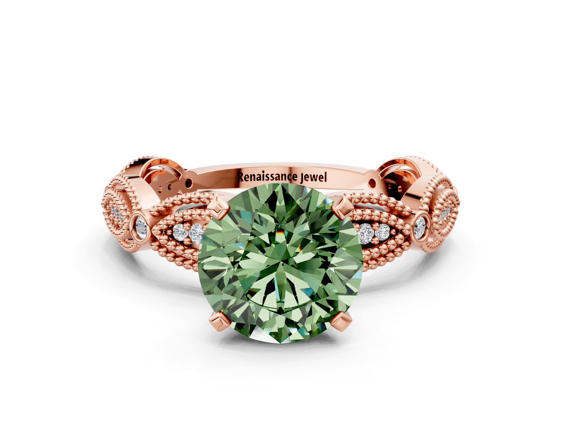Rose gold Fancy Green Round  Solitaire Milgrain Diamond Engagement Ring with Bezel and Marquise Band_144