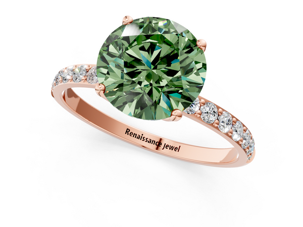 Rose gold Fancy Green Round Cut Diamond Solitaire Engagement Ring with Round  Pavé Band and Prong Setting