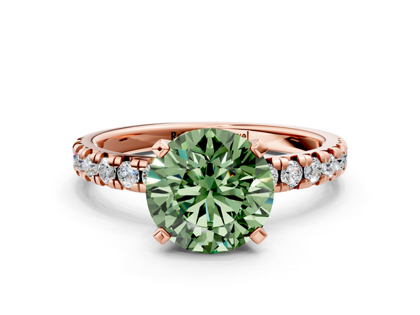 Rose gold Fancy Green Round  Solitaire Pave Diamond Engagement Ring with Four-Prong Setting