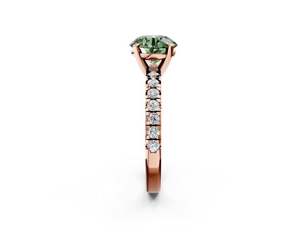 Rose gold Fancy Green Round  Solitaire Pave Diamond Engagement Ring with Four-Prong Setting