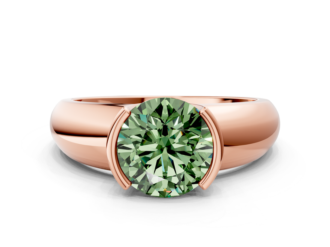 Rose gold Fancy Green Round  Solitaire Tension Set Diamond Ring with Wide Band_21