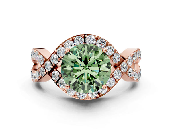 Rose gold Fancy Green Round  Solitaire Twist Band Pavé Diamond Engagement Ring