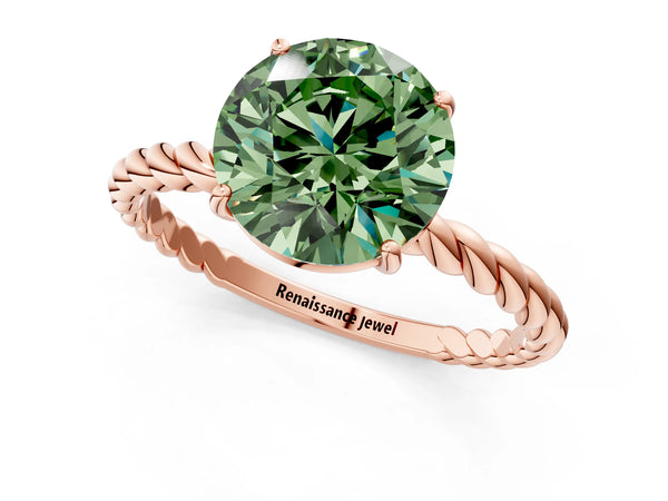 Rose gold Fancy Green Round  Solitaire Twist Band Ring with Four-Prong Setting