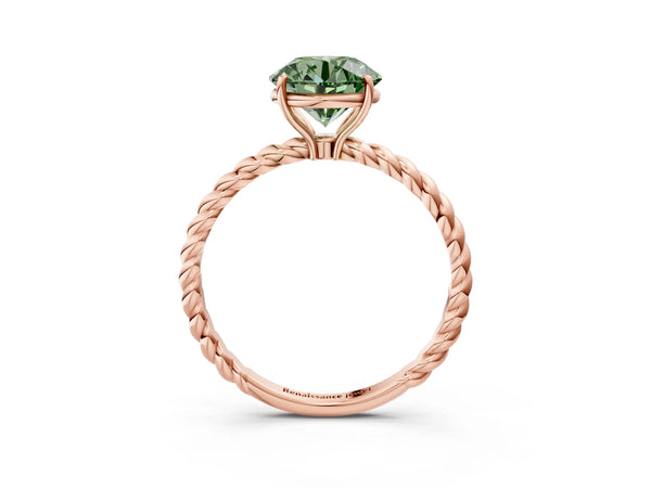 Rose gold Fancy Green Round  Solitaire Twist Band Ring with Four-Prong Setting