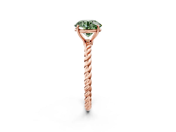 Rose gold Fancy Green Round  Solitaire Twist Band Ring with Four-Prong Setting