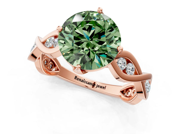Rose gold Fancy Green Round  Solitaire Twist Band with Leaf Prong Setting