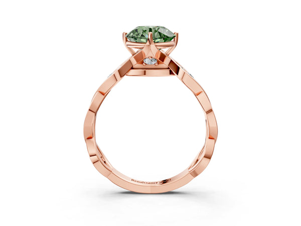 Rose gold Fancy Green Round  Solitaire Twist Band with Leaf Prong Setting
