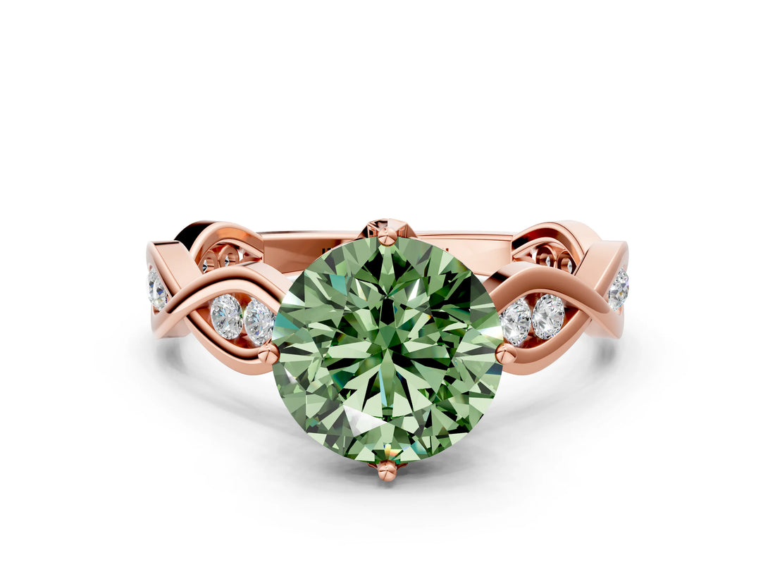 Rose gold Fancy Green Round  Solitaire Twist Band with Leaf Prong Setting