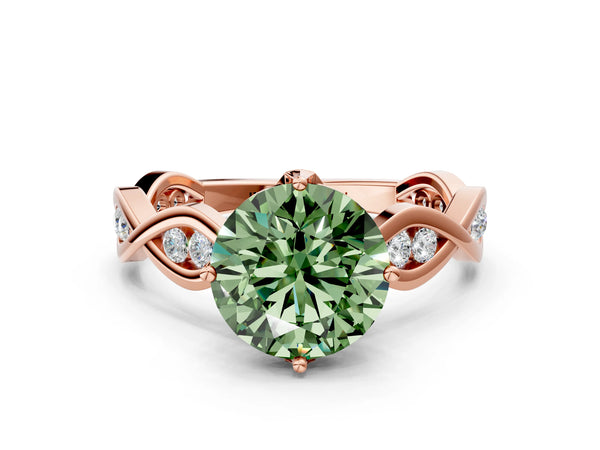 Rose gold Fancy Green Round  Solitaire Twist Band with Leaf Prong Setting
