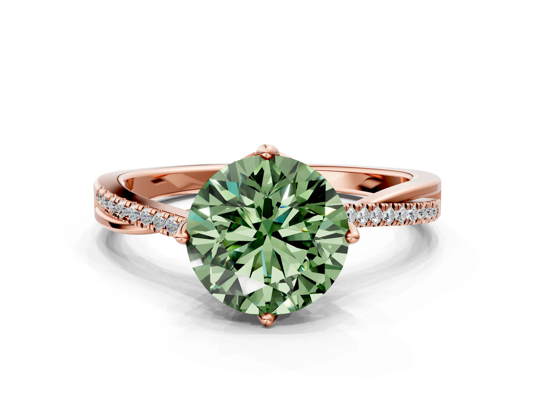 Rose gold Fancy Green Round  Solitaire Twist Band with Pavé Diamonds and Four-Prong Setting_53