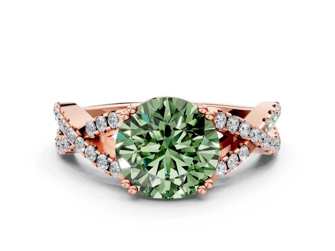 Rose gold Fancy Green Round  Solitaire Twist Band with Pavé Setting and Four-Prong Setting_17