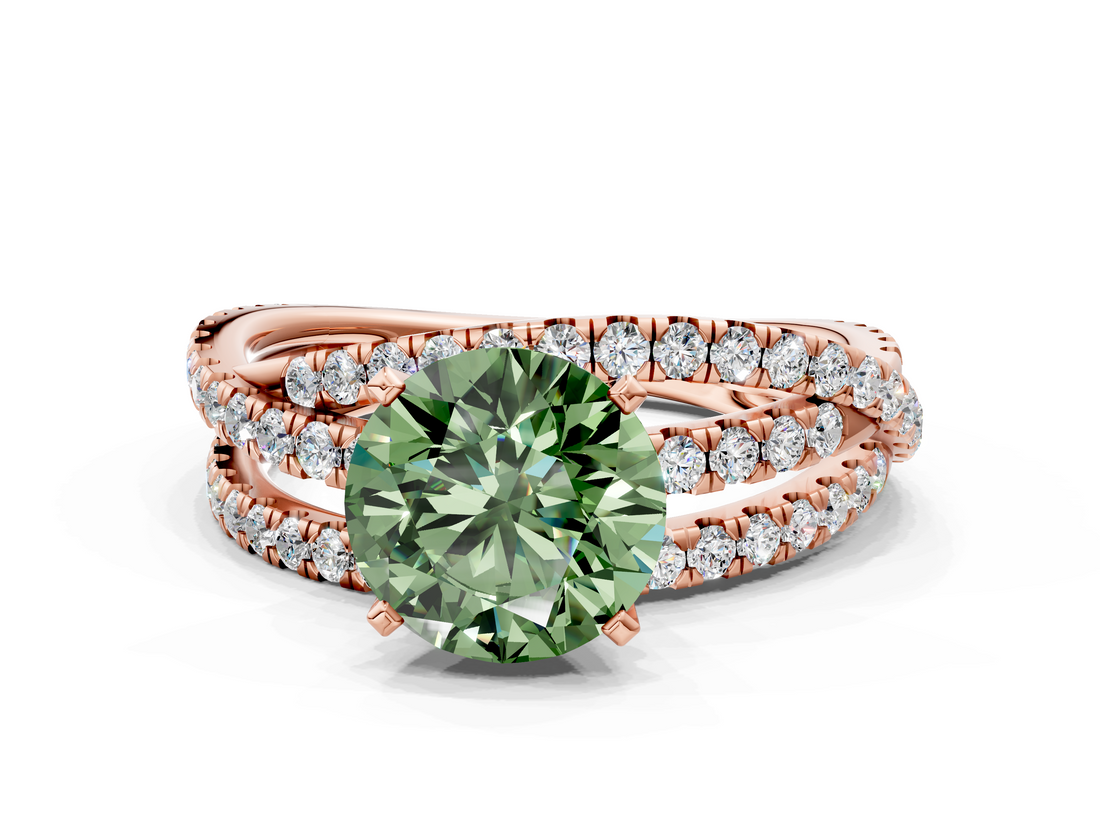 Rose gold Fancy Green Round  Solitaire Twist Band with Pavé Setting and Four-Prong Setting_79