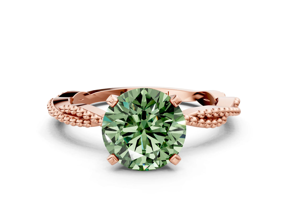 Rose gold Fancy Green Round  Solitaire Twisted Band with Bead Prong Setting_400
