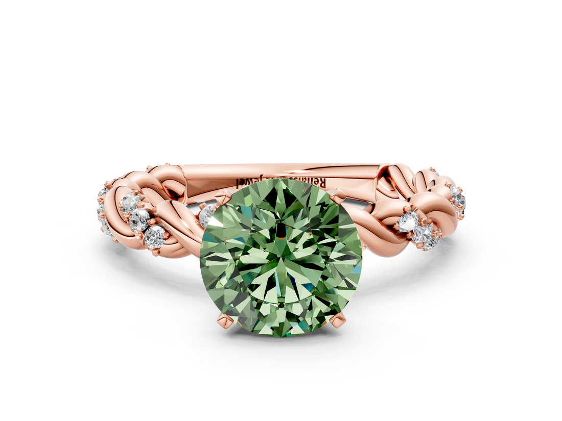 Rose gold Fancy Green Round  Solitaire Twisted Band with Pavé Accents and Four-Prong Setting_3