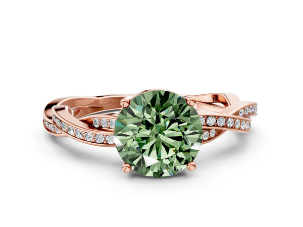 Rose gold Fancy Green Round  Solitaire Twisted Pave Diamond Ring with Four-Prong Setting
