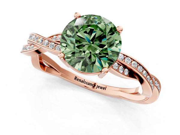 Rose gold Fancy Green Round  Solitaire Twisted Pave Diamond Ring with Four-Prong Setting