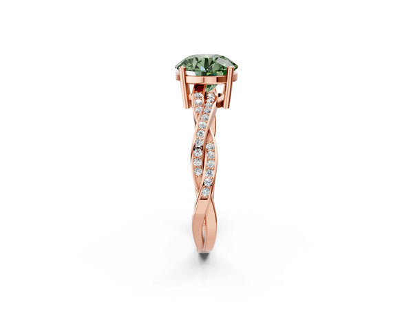 Rose gold Fancy Green Round  Solitaire Twisted Pave Diamond Ring with Four-Prong Setting