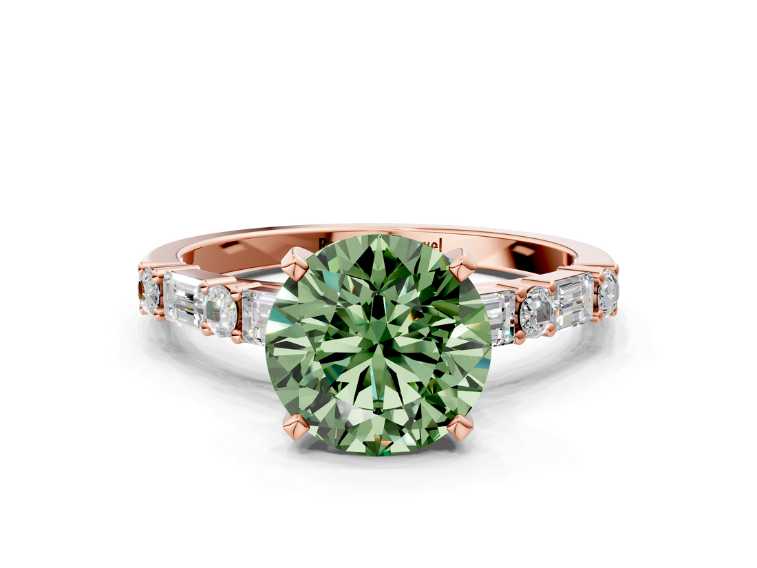 Rose gold Fancy Green Round  Solitaire with Side Baguettes and Channel Set Band_45