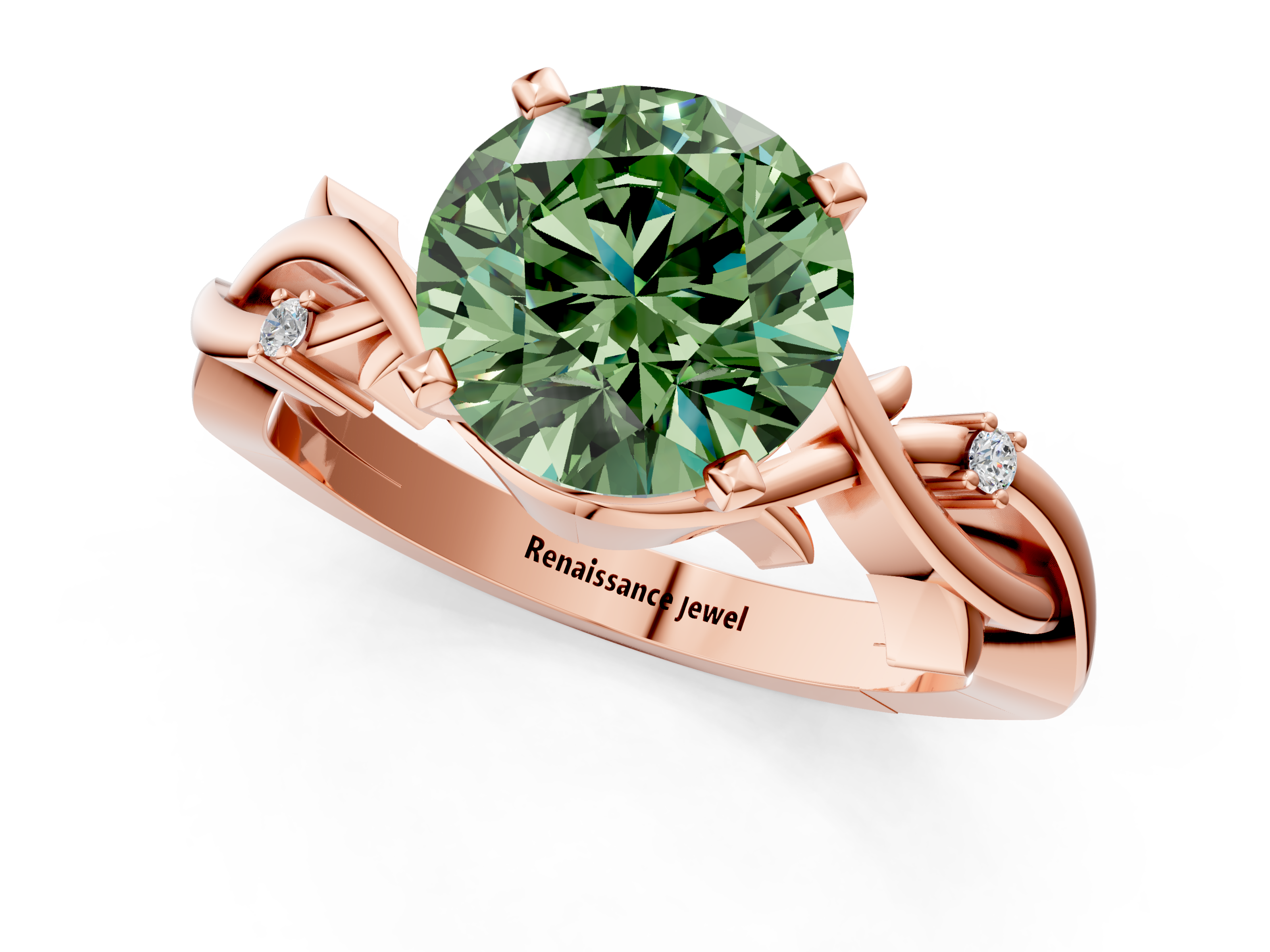 Rose gold Fancy Green Round cut Solitaire Twisted Band Prong Setting Ring_205
