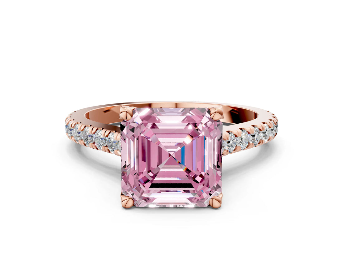 Rose gold Fancy Pink Asscher  Brilliant Diamond Solitaire with Pavé Band and Four-Prong Setting