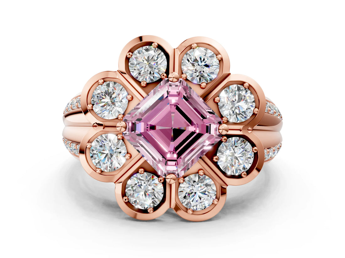Rose gold Fancy Pink Asscher  Brilliant Flower Halo Diamond Split Shank Ring_29