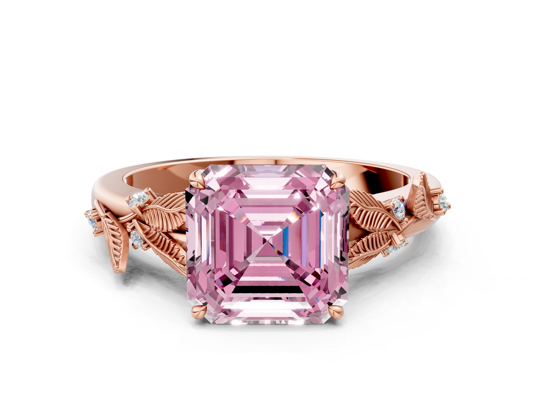 Rose gold Fancy Pink Asscher  Brilliant Solitaire with Leaf Motif Band and Four-Prong Setting