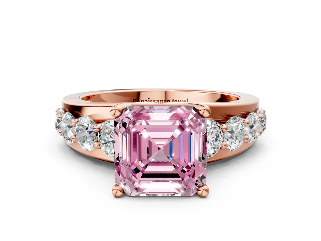 Rose gold Fancy Pink Asscher  Brilliant Solitaire with Side Stones on a Pave Band and Four-Prong Setting_46