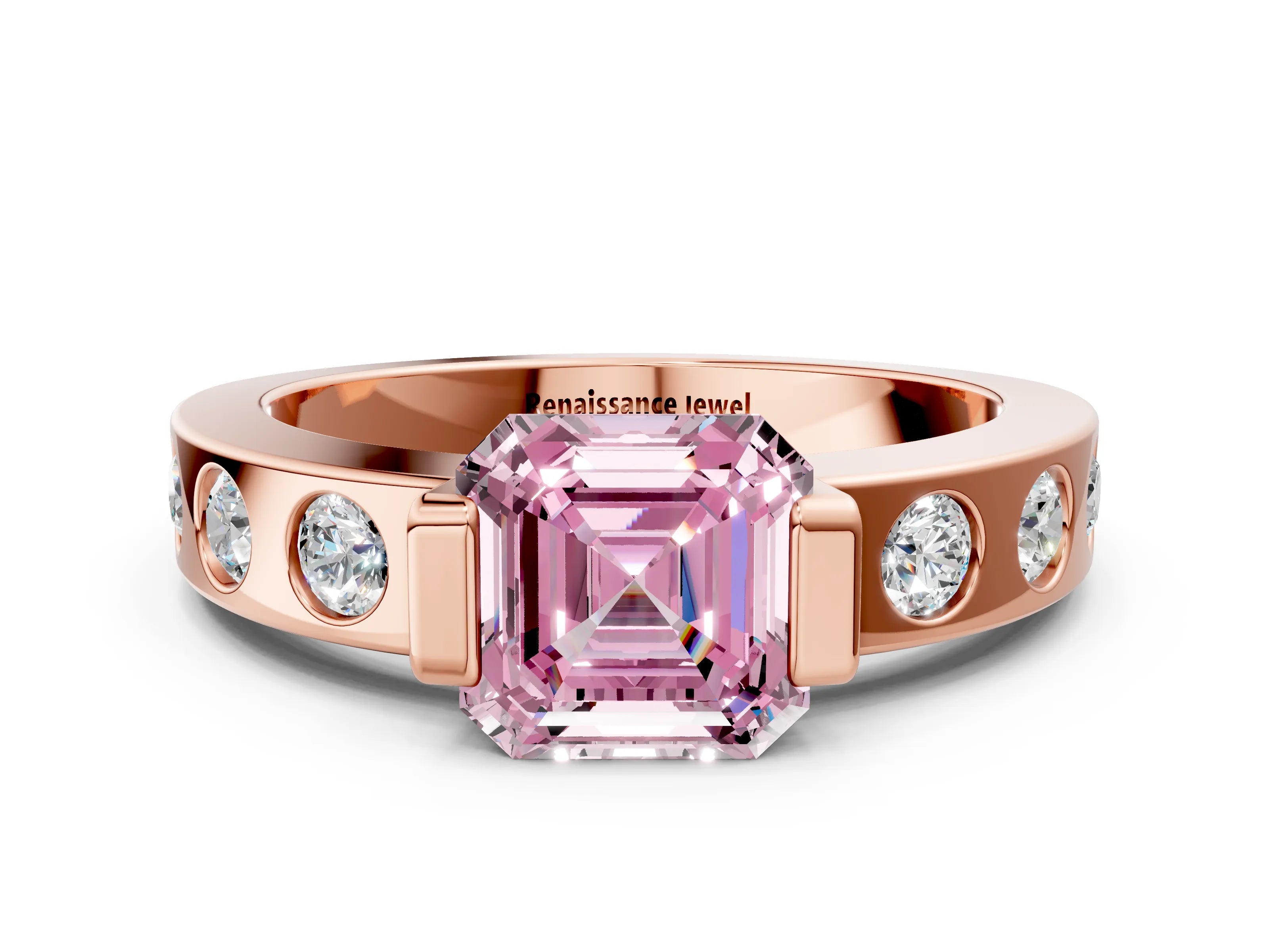 Rose gold Fancy Pink Asscher Cut Brilliant Channel-Set Diamond Ring with Bezel Prong Setting