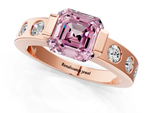 Rose gold Fancy Pink Asscher Cut Brilliant Channel-Set Diamond Ring with Bezel Prong Setting_1