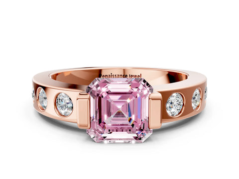 Rose gold Fancy Pink Asscher Cut Brilliant Channel-Set Diamond Ring with Bezel Prong Setting