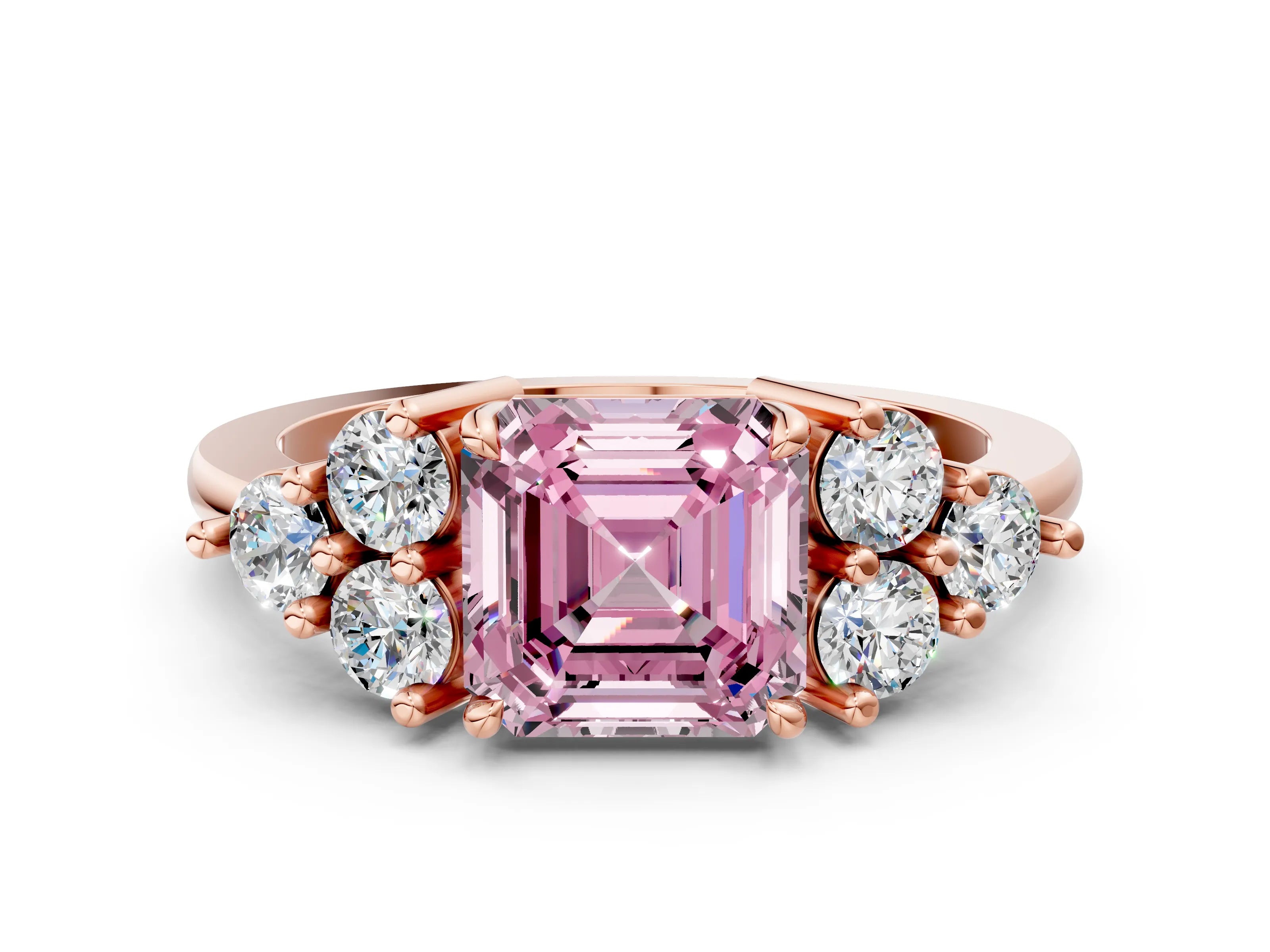 Rose gold Fancy Pink Asscher Cut Brilliant Diamond Cluster Accent Solitaire Ring with Prong Setting