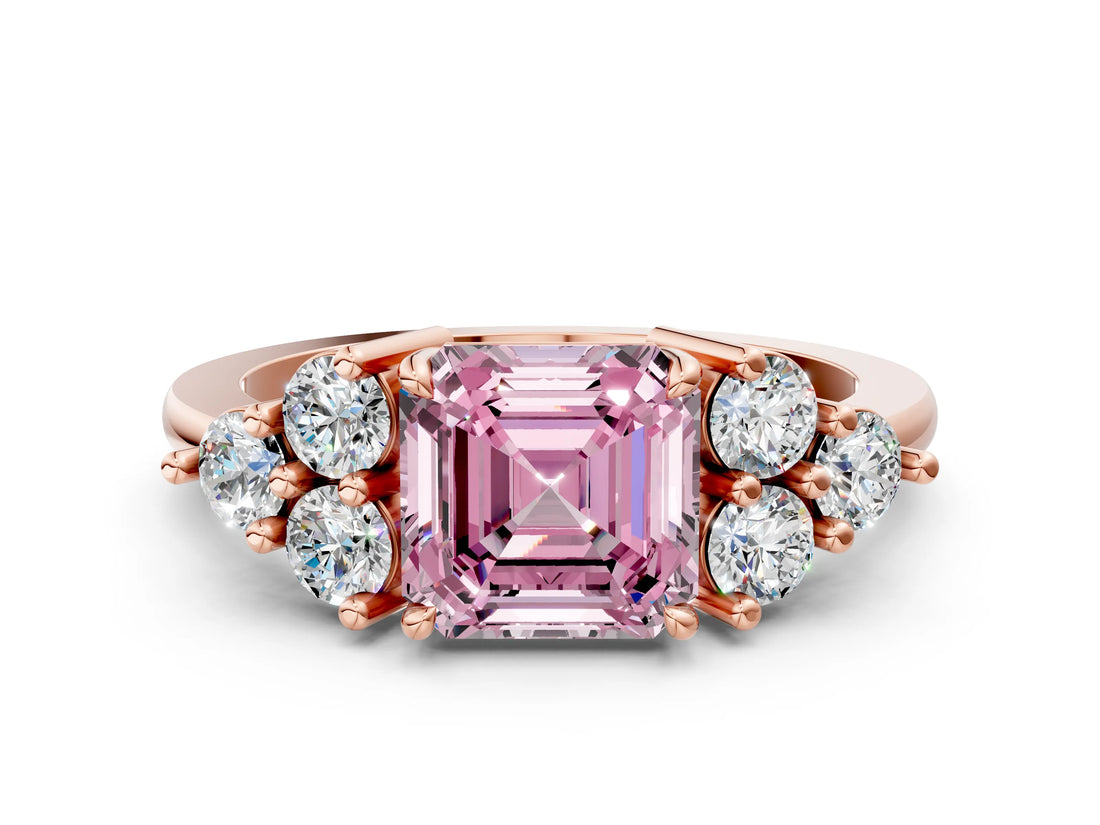 Rose gold Fancy Pink Asscher Cut Brilliant Diamond Cluster Accent Solitaire Ring with Prong Setting