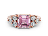 Rose gold Fancy Pink Asscher Cut Brilliant Diamond Cluster Accent Solitaire Ring with Prong Setting