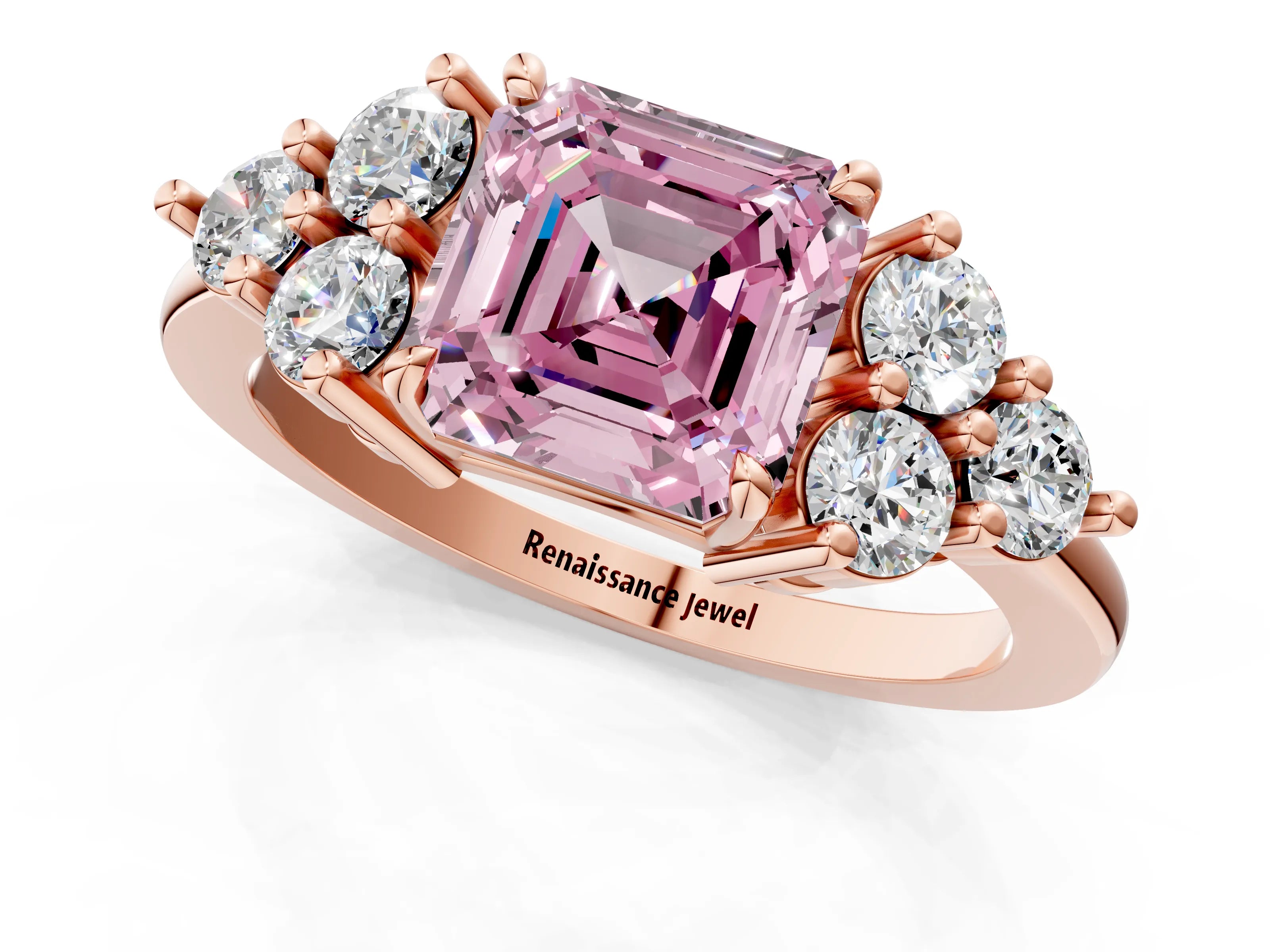 Rose gold Fancy Pink Asscher Cut Brilliant Diamond Cluster Accent Solitaire Ring with Prong Setting_1