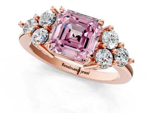 Rose gold Fancy Pink Asscher Cut Brilliant Diamond Cluster Accent Solitaire Ring with Prong Setting_1