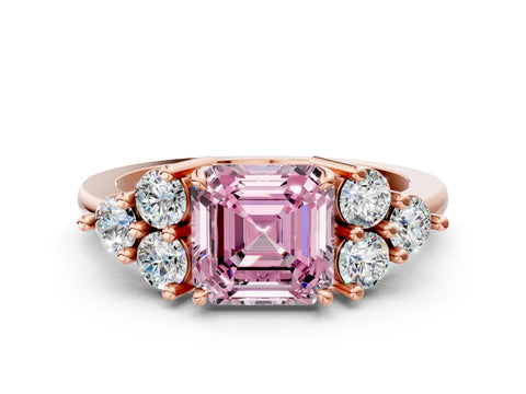 Rose gold Fancy Pink Asscher Cut Brilliant Diamond Cluster Accent Solitaire Ring with Prong Setting
