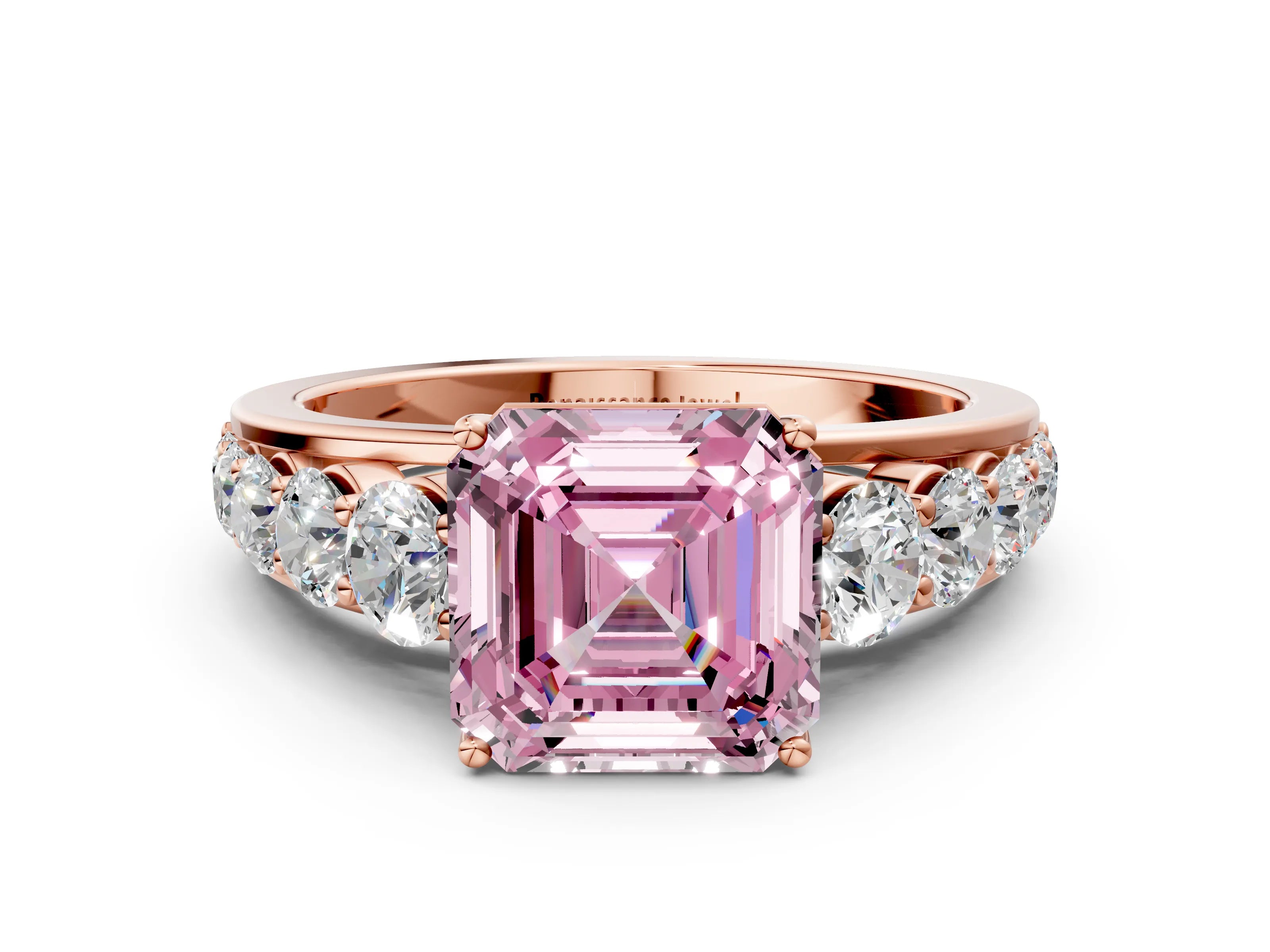 Rose gold Fancy Pink Asscher Cut Brilliant Diamond Pavé Band with Six-Prong Setting